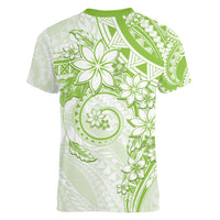 Polynesian Pattern With Plumeria Flowers Women V-Neck T-Shirt Lime Green