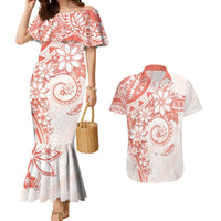 Polynesian Pattern With Plumeria Flowers Couples Matching Mermaid Dress and Hawaiian Shirt Orange Peach LT05 Peach - Polynesian Pride