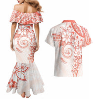 Polynesian Pattern With Plumeria Flowers Couples Matching Mermaid Dress and Hawaiian Shirt Orange Peach LT05 - Polynesian Pride