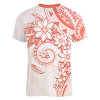 Polynesian Pattern With Plumeria Flowers Women V-Neck T-Shirt Orange Peach