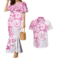 Polynesian Pattern With Plumeria Flowers Couples Matching Mermaid Dress and Hawaiian Shirt Pink