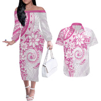 Polynesian Pattern With Plumeria Flowers Couples Matching Off The Shoulder Long Sleeve Dress and Hawaiian Shirt Pink