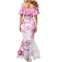 Polynesian Pattern With Plumeria Flowers Family Matching Mermaid Dress and Hawaiian Shirt Pink