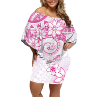 Polynesian Pattern With Plumeria Flowers Family Matching Off Shoulder Short Dress and Hawaiian Shirt Pink