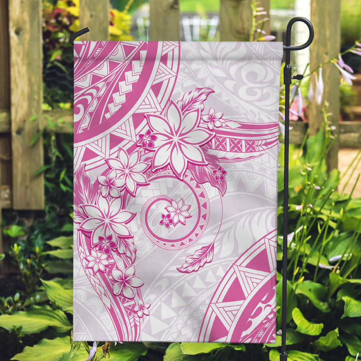 Polynesian Pattern With Plumeria Flowers Garden Flag Pink
