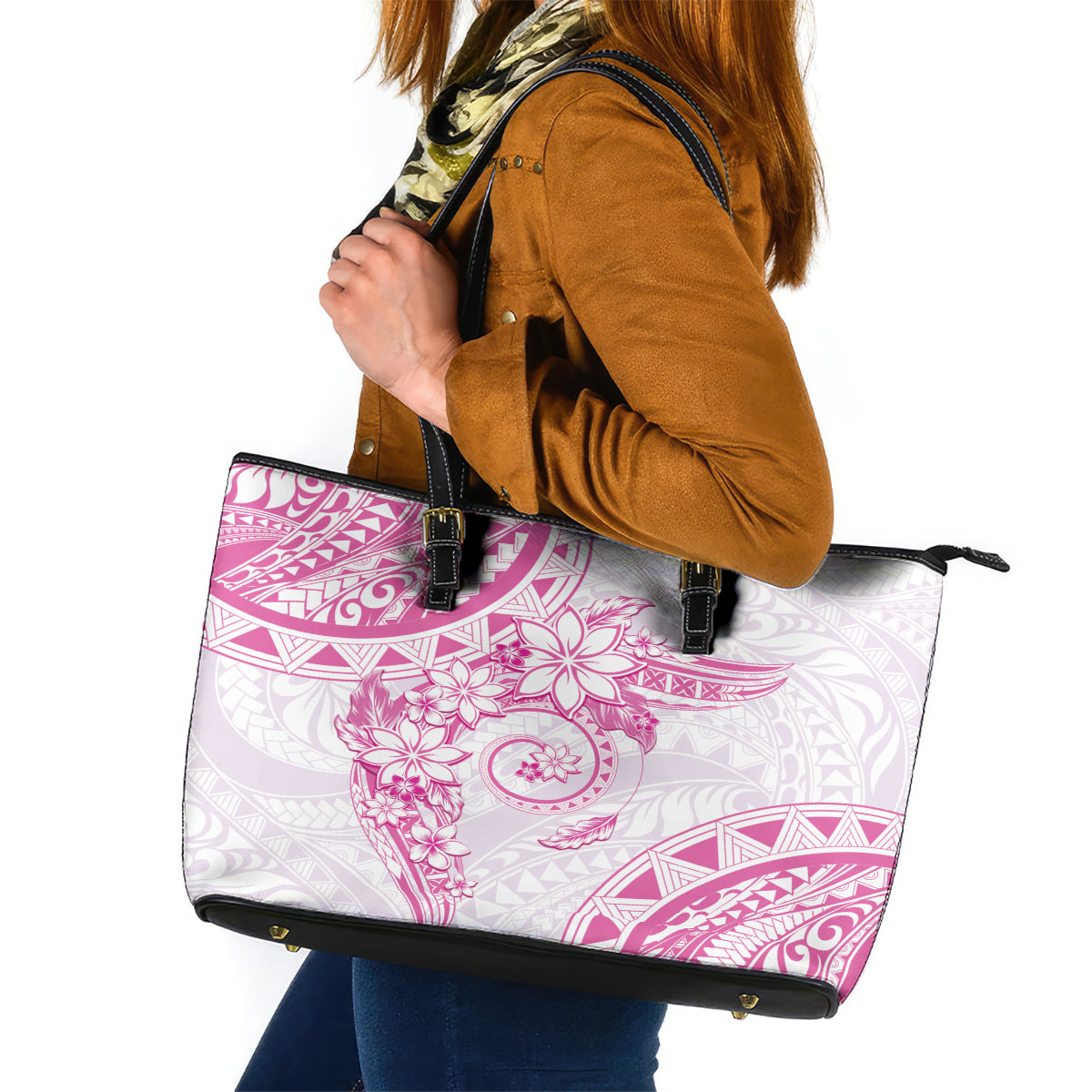 Polynesian Pattern With Plumeria Flowers Leather Tote Bag Pink