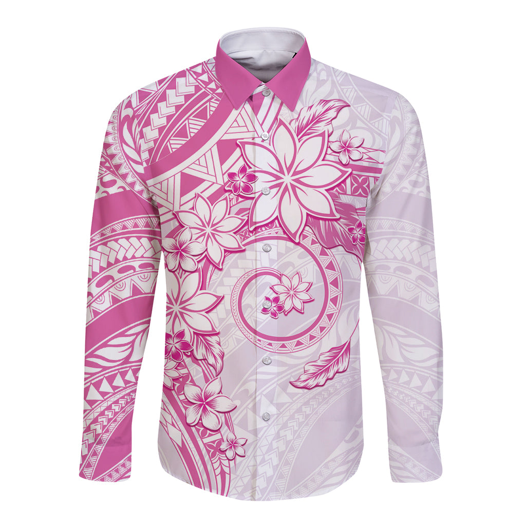 Polynesian Pattern With Plumeria Flowers Long Sleeve Button Shirt Pink
