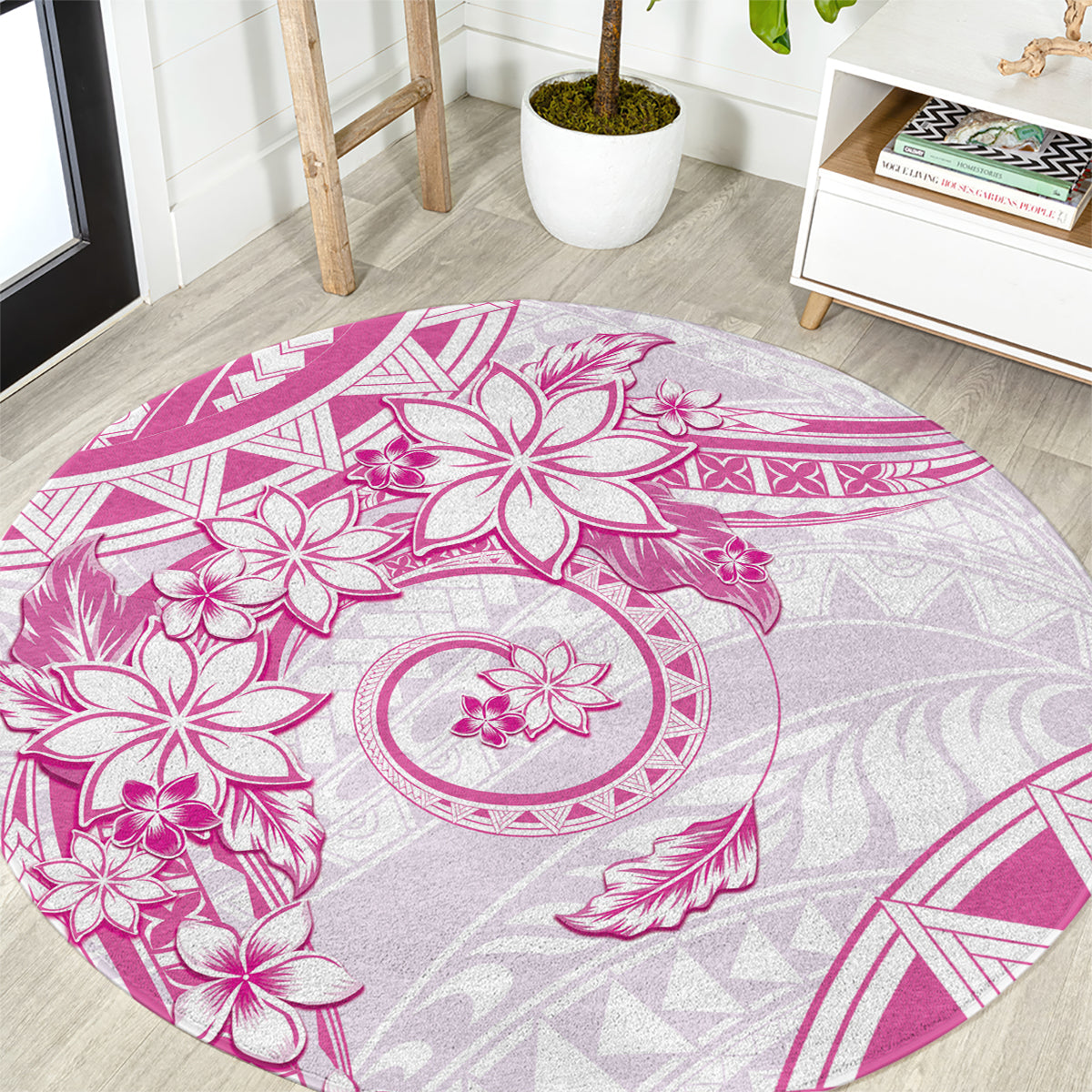 Polynesian Pattern With Plumeria Flowers Round Carpet Pink