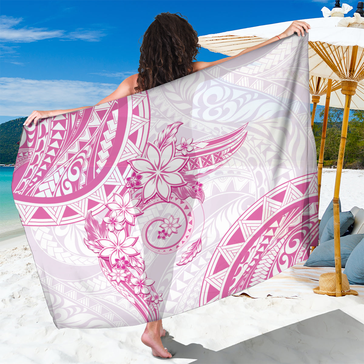 Polynesian Pattern With Plumeria Flowers Sarong Pink