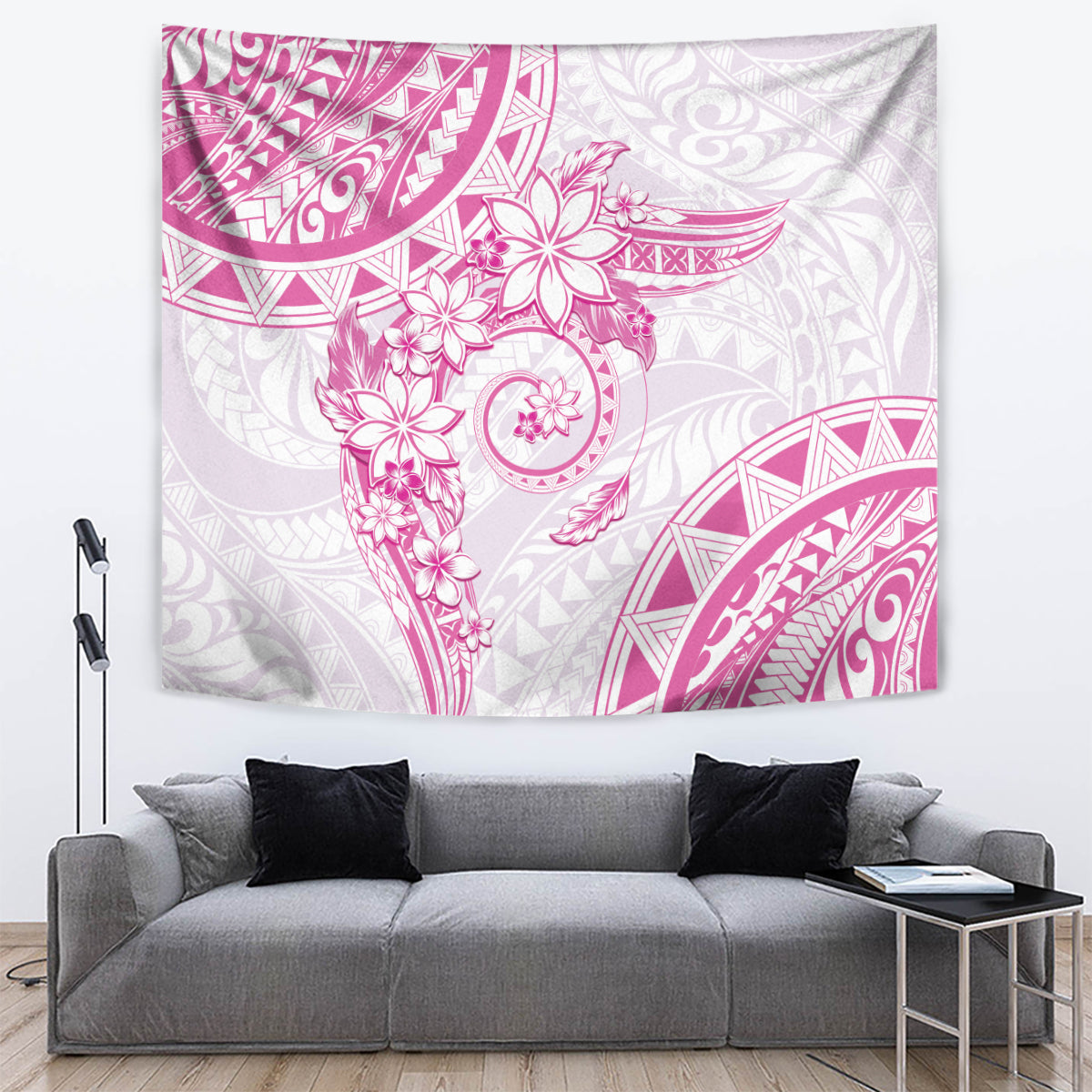 Polynesian Pattern With Plumeria Flowers Tapestry Pink