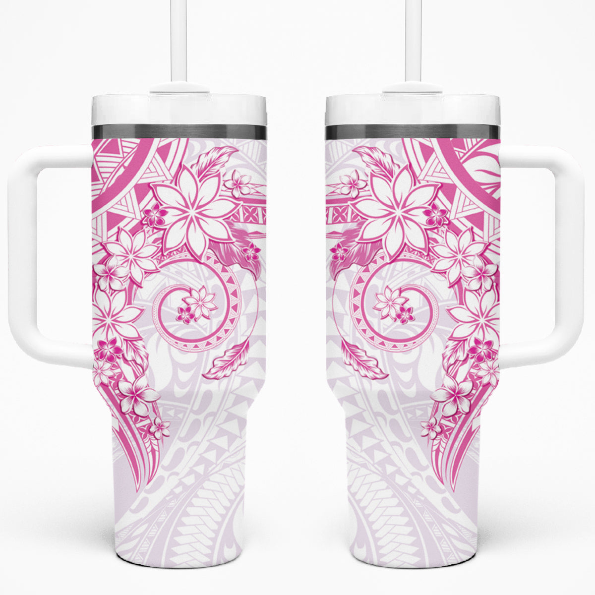 Pink Polynesian Pattern With Plumeria Flowers Tumbler With Handle