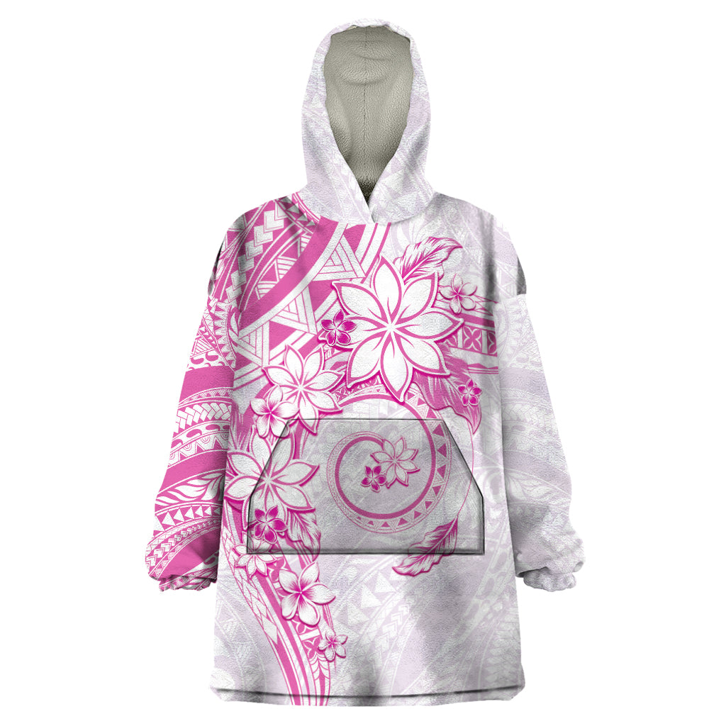 Polynesian Pattern With Plumeria Flowers Wearable Blanket Hoodie Pink