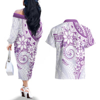Polynesian Pattern With Plumeria Flowers Couples Matching Off The Shoulder Long Sleeve Dress and Hawaiian Shirt Purple
