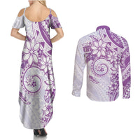 Polynesian Pattern With Plumeria Flowers Couples Matching Summer Maxi Dress and Long Sleeve Button Shirt Purple LT05 - Polynesian Pride