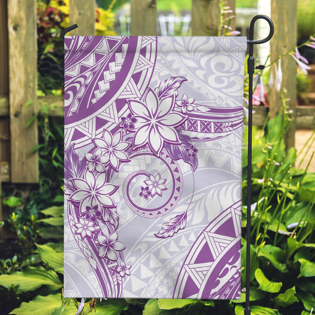 Polynesian Pattern With Plumeria Flowers Garden Flag Purple