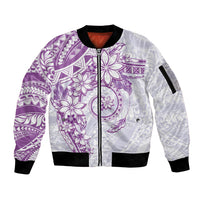 Polynesian Pattern With Plumeria Flowers Sleeve Zip Bomber Jacket Purple
