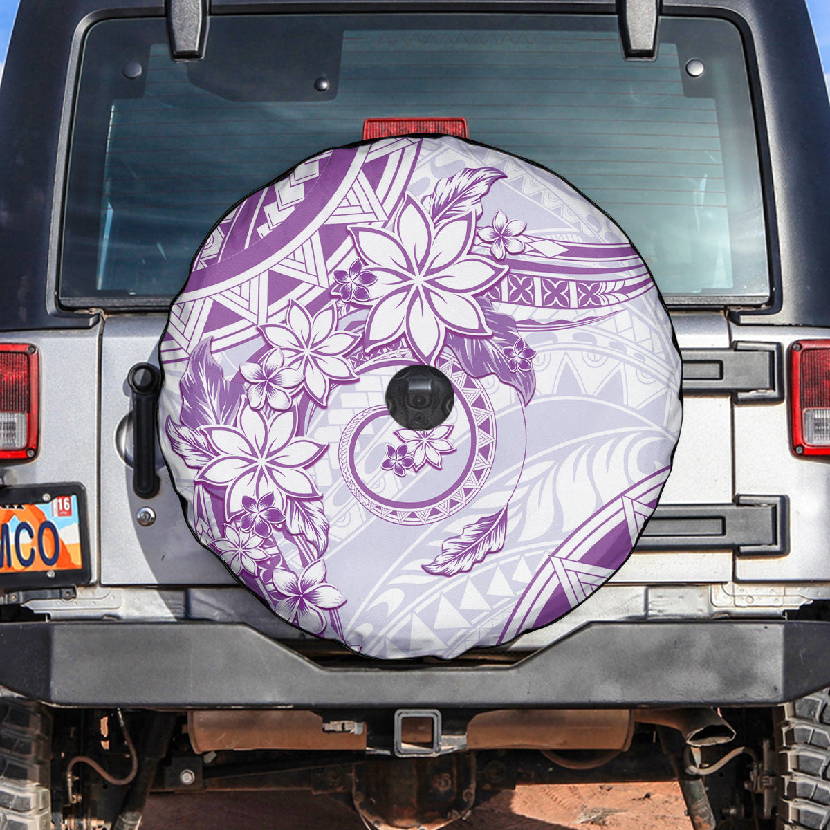 Polynesian Pattern With Plumeria Flowers Spare Tire Cover Purple