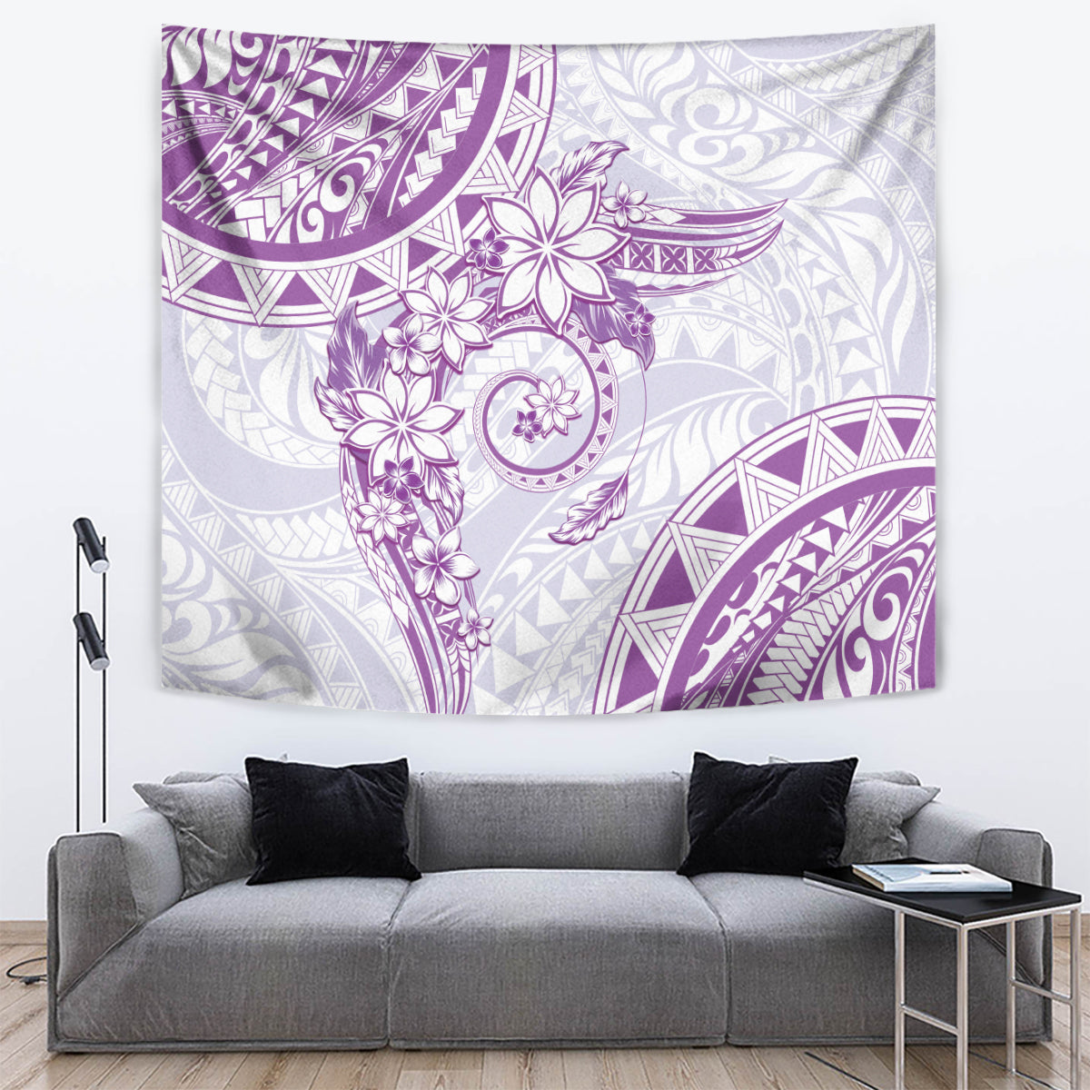 Polynesian Pattern With Plumeria Flowers Tapestry Purple