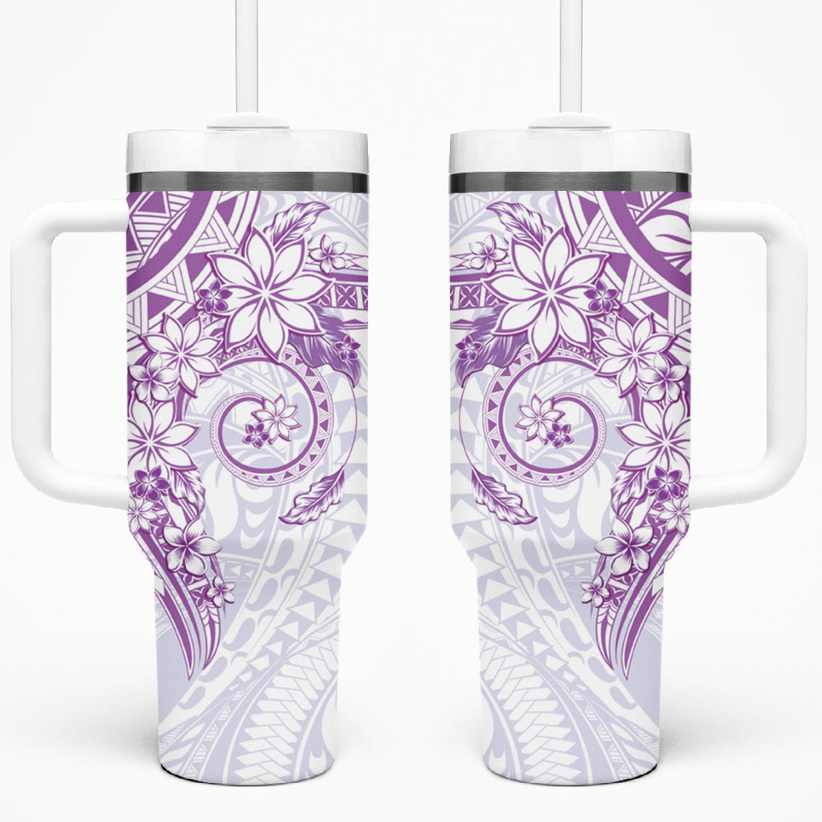 Purple Polynesian Pattern With Plumeria Flowers Tumbler With Handle