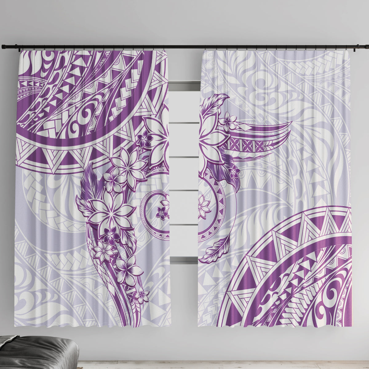 Polynesian Pattern With Plumeria Flowers Window Curtain Purple