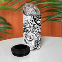 White Polynesian Pattern With Plumeria Flowers 4 in 1 Can Cooler Tumbler