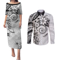 Polynesian Pattern With Plumeria Flowers Couples Matching Puletasi and Long Sleeve Button Shirt White LT05 White - Polynesian Pride