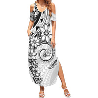 Polynesian Pattern With Plumeria Flowers Family Matching Summer Maxi Dress and Hawaiian Shirt White