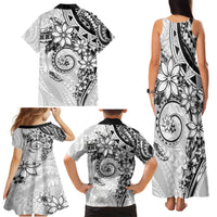 Polynesian Pattern With Plumeria Flowers Family Matching Tank Maxi Dress and Hawaiian Shirt White