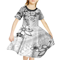 Polynesian Pattern With Plumeria Flowers Kid Short Sleeve Dress White LT05 - Polynesian Pride