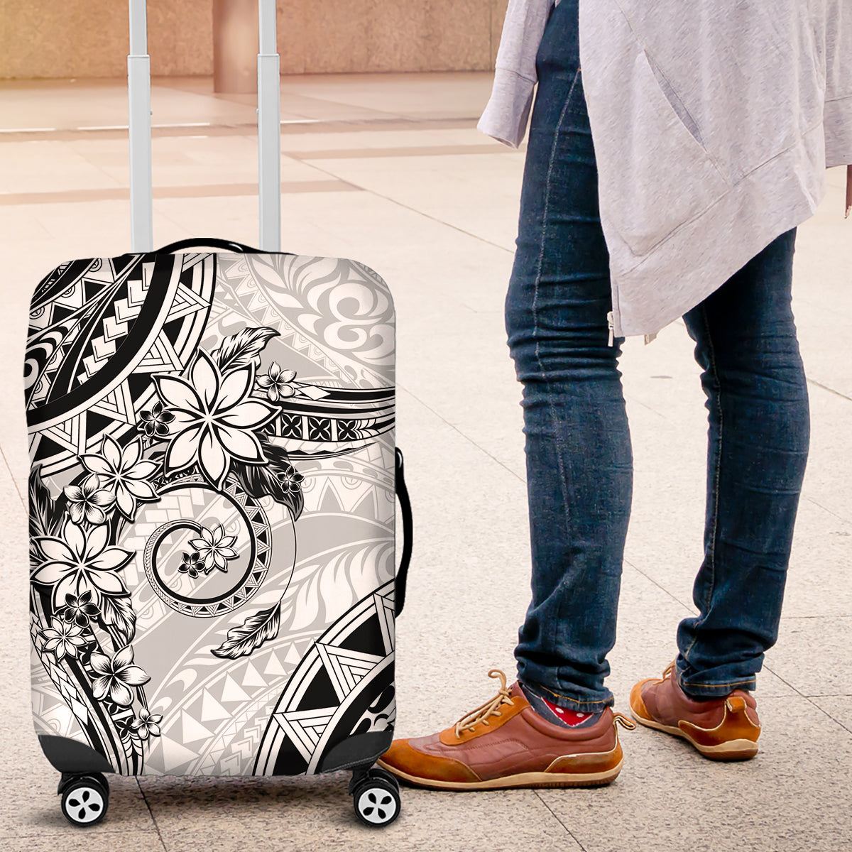 Polynesian Pattern With Plumeria Flowers Luggage Cover White