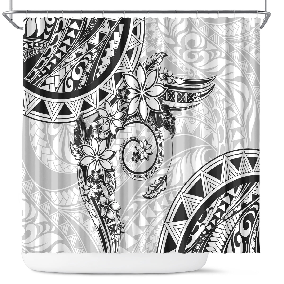 Polynesian Pattern With Plumeria Flowers Shower Curtain White