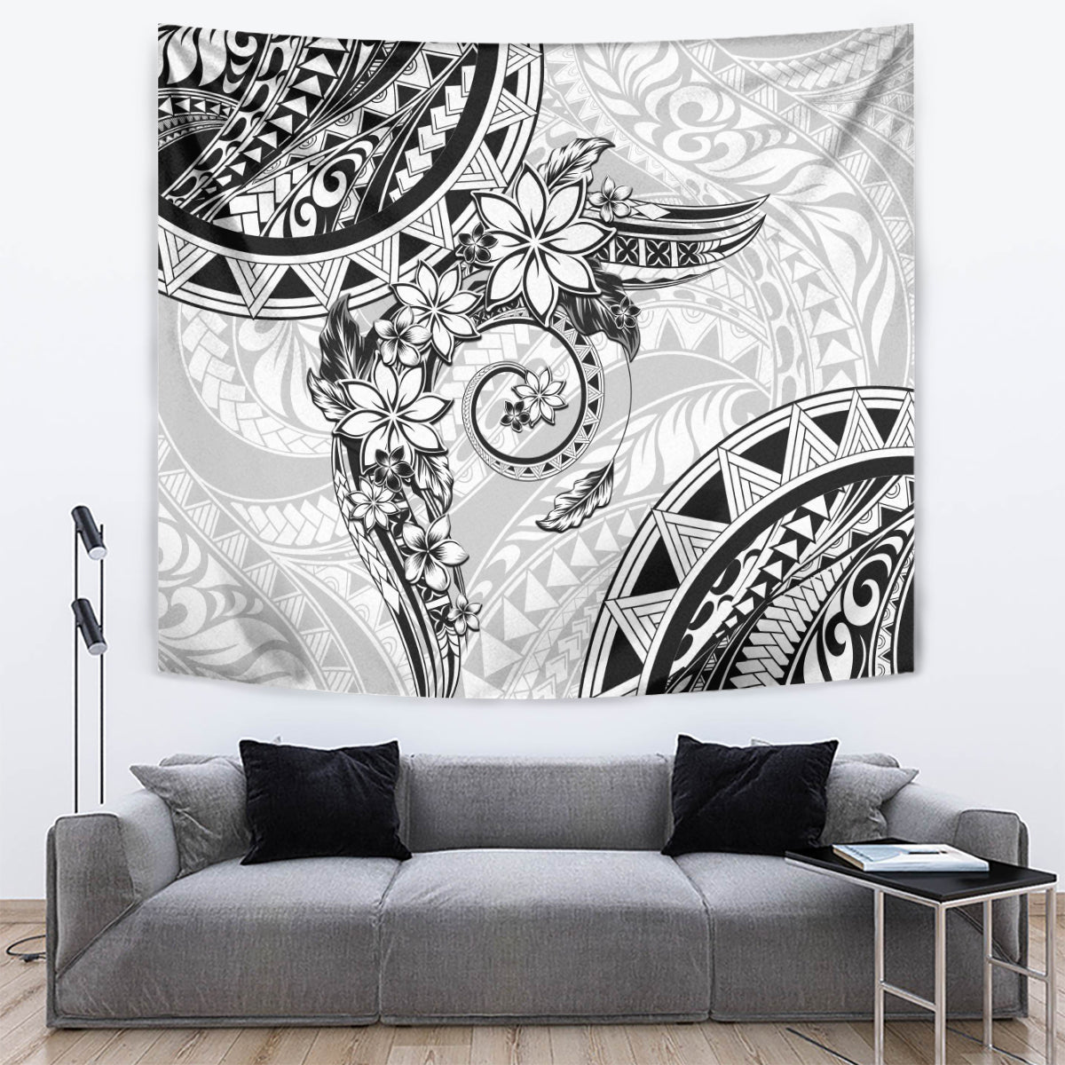 Polynesian Pattern With Plumeria Flowers Tapestry White