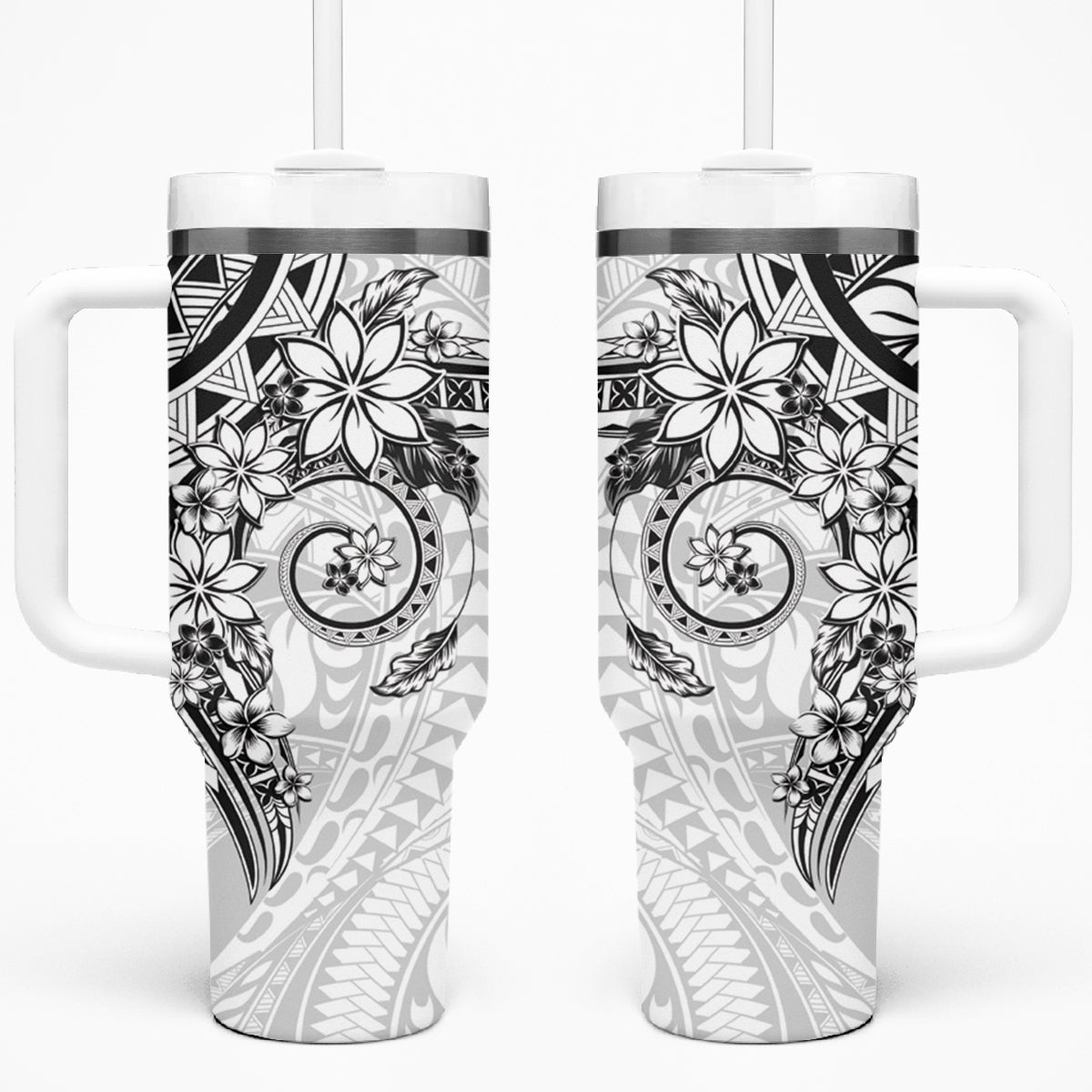 White Polynesian Pattern With Plumeria Flowers Tumbler With Handle