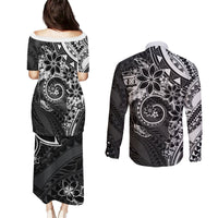 Polynesian Pattern With Plumeria Flowers Couples Matching Puletasi and Long Sleeve Button Shirt Black LT05 - Polynesian Pride