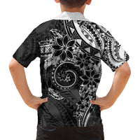 Polynesian Pattern With Plumeria Flowers Family Matching Off Shoulder Short Dress and Hawaiian Shirt Black
