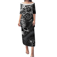 Polynesian Pattern With Plumeria Flowers Puletasi Black LT05 Long Dress Black - Polynesian Pride