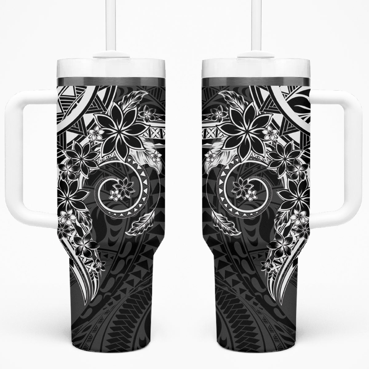 Black Polynesian Pattern With Plumeria Flowers Tumbler With Handle