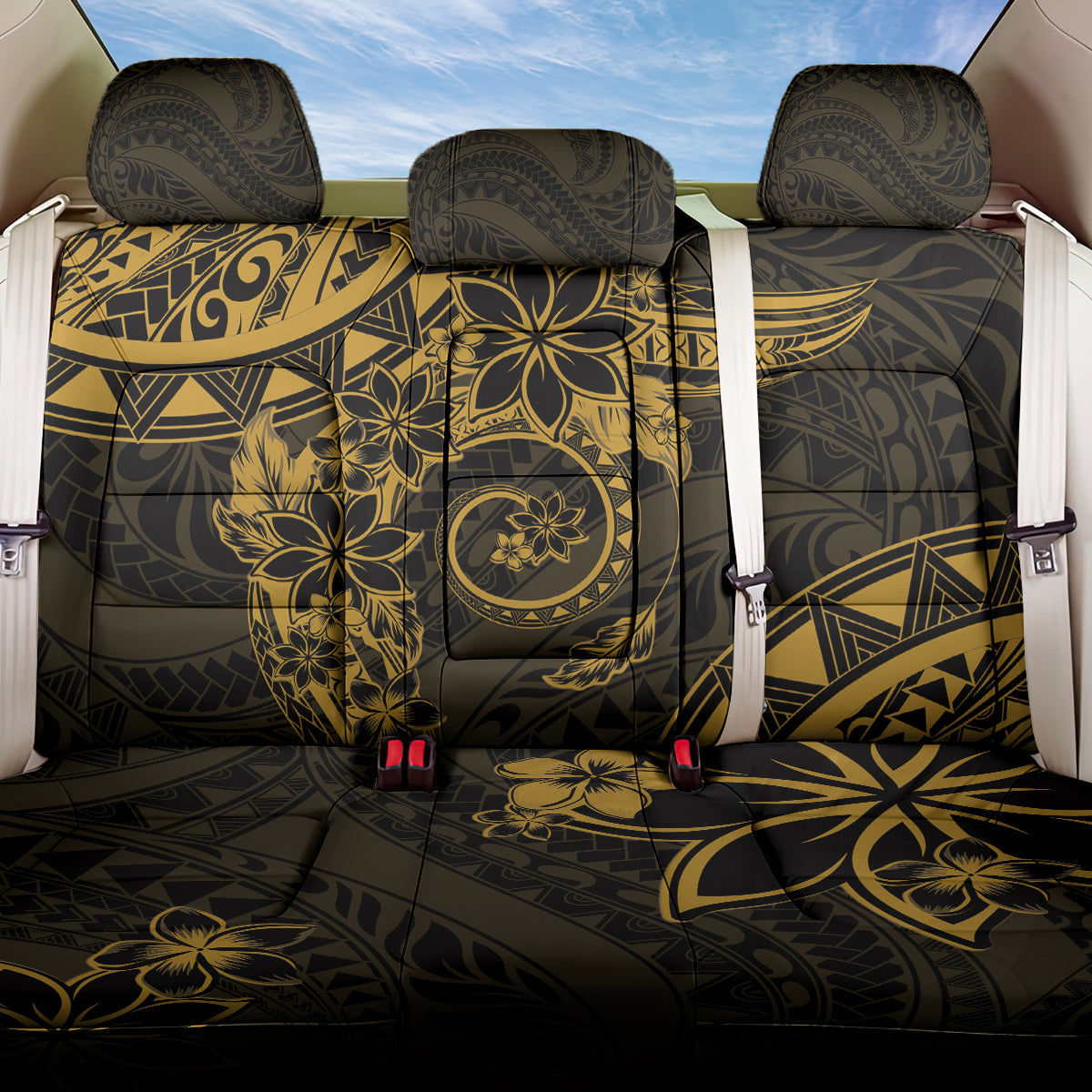 Polynesian Sunset Plumeria Back Car Seat Cover Gold Polynesian Tattoo