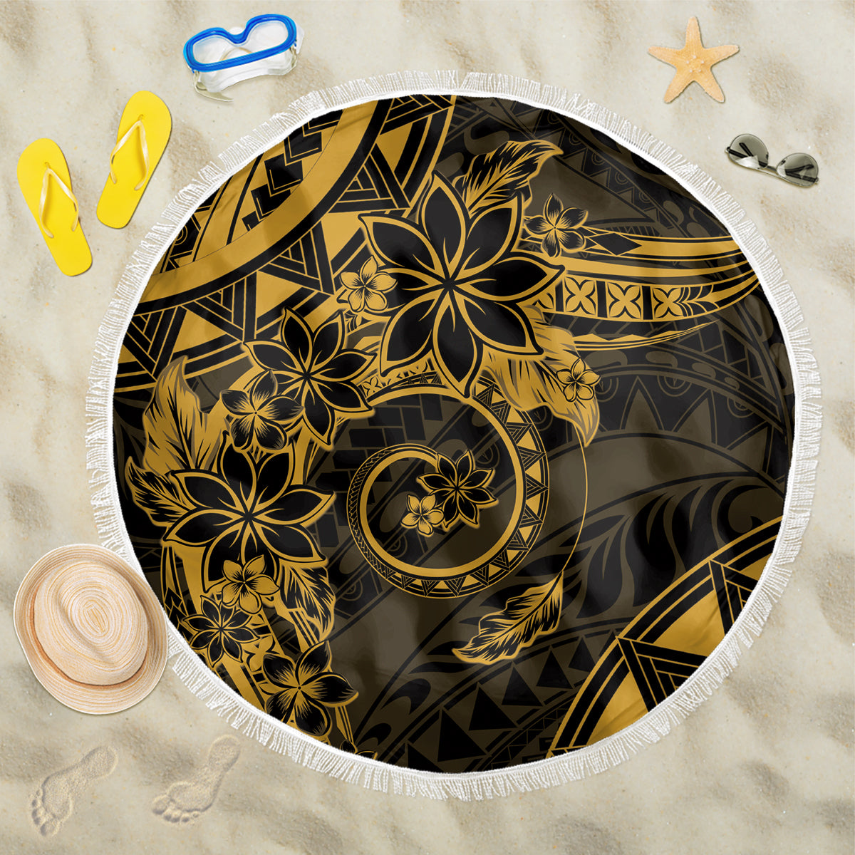 Polynesian Sunset Plumeria Beach Blanket Gold Polynesian Tattoo