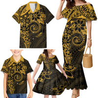 Polynesian Sunset Plumeria Family Matching Mermaid Dress and Hawaiian Shirt Gold Polynesian Tattoo