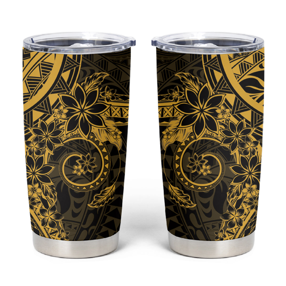 Gold Polynesian Pattern With Plumeria Flowers Tumbler Cup