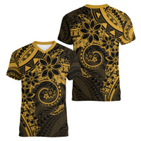 Polynesian Sunset Plumeria Women V-Neck T-Shirt Gold Polynesian Tattoo