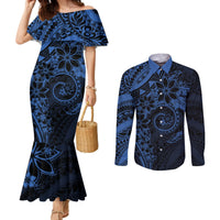 Polynesian Sunset Plumeria Couples Matching Mermaid Dress and Long Sleeve Button Shirt Navy Polynesian Tattoo