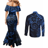 Polynesian Sunset Plumeria Couples Matching Mermaid Dress and Long Sleeve Button Shirt Navy Polynesian Tattoo