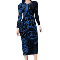 Polynesian Sunset Plumeria Long Sleeve Bodycon Dress Navy Polynesian Tattoo