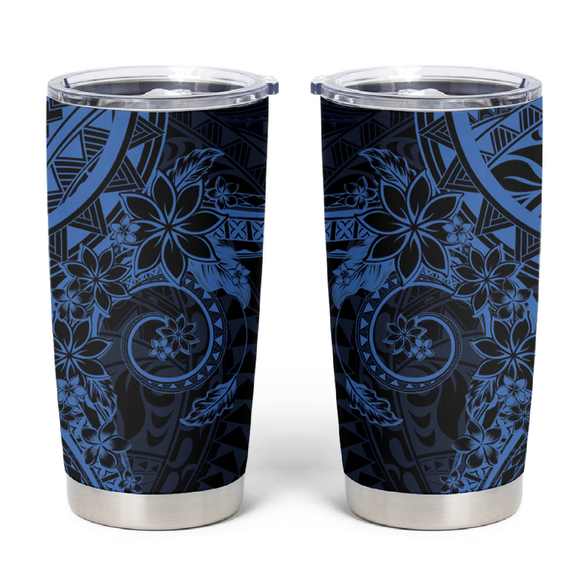 Navy Polynesian Pattern With Plumeria Flowers Tumbler Cup