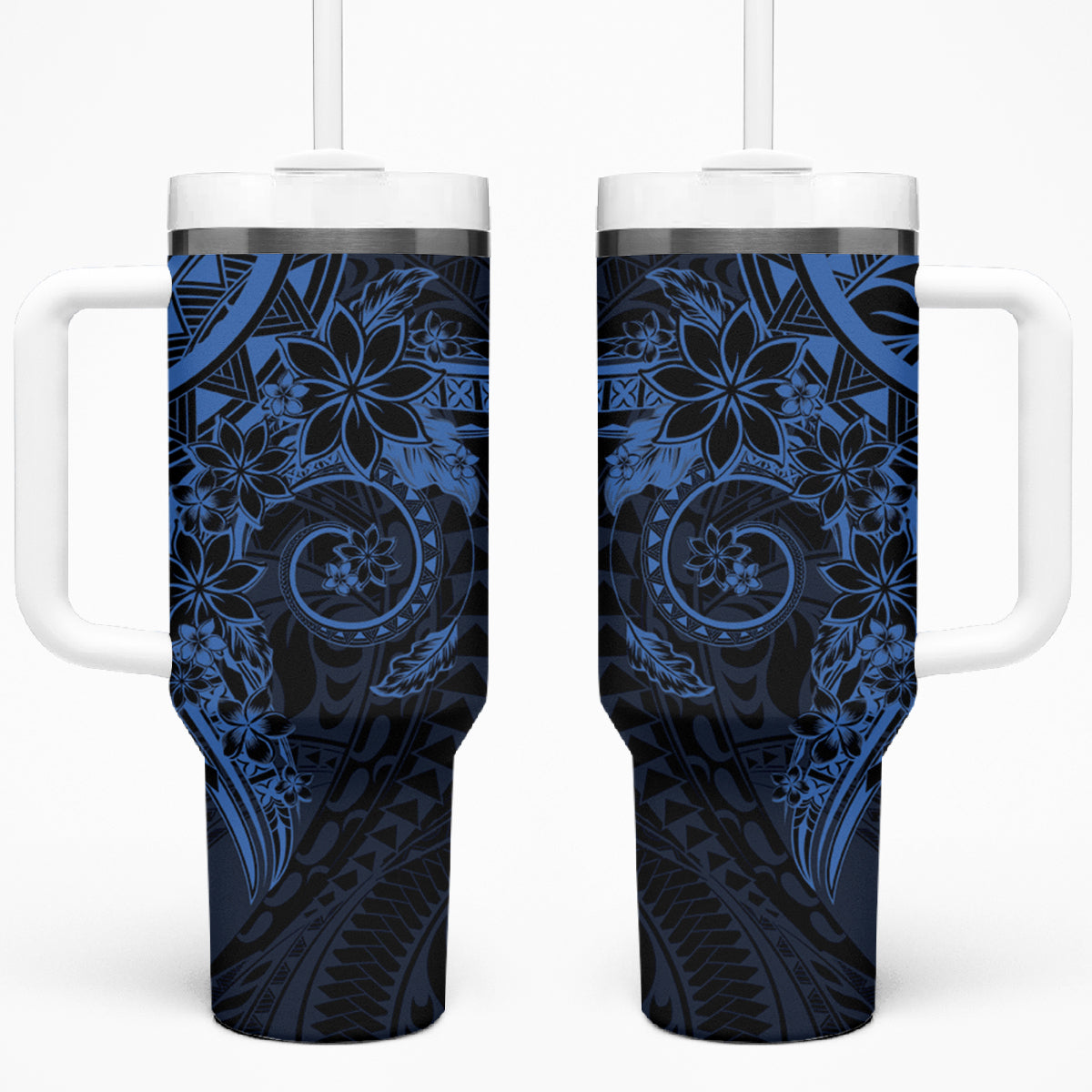 Navy Polynesian Pattern With Plumeria Flowers Tumbler With Handle