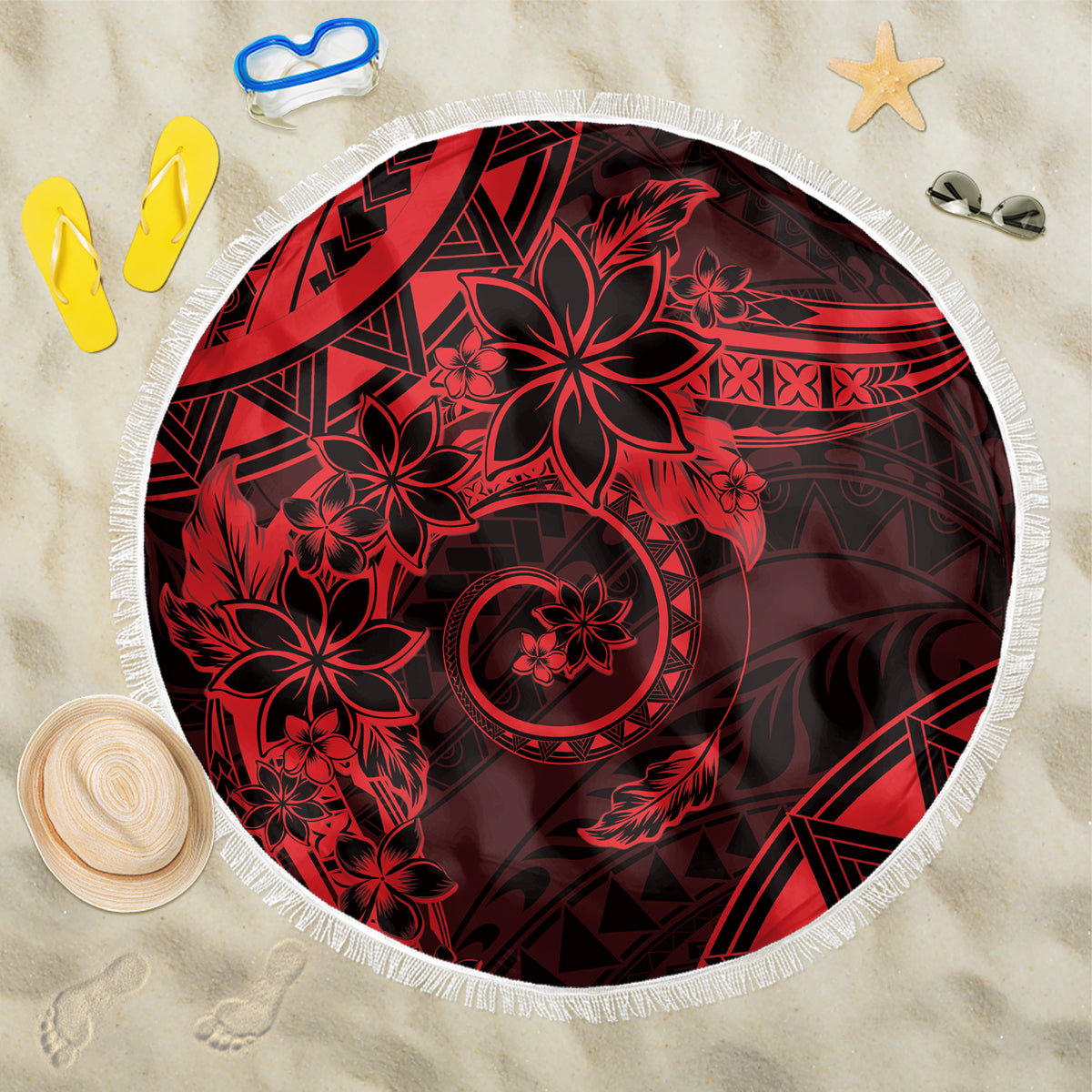 Polynesian Sunset Plumeria Beach Blanket Red Polynesian Tattoo