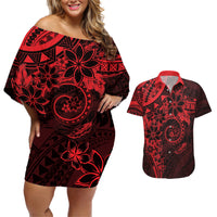 Polynesian Sunset Plumeria Couples Matching Off Shoulder Short Dress and Hawaiian Shirt Red Polynesian Tattoo