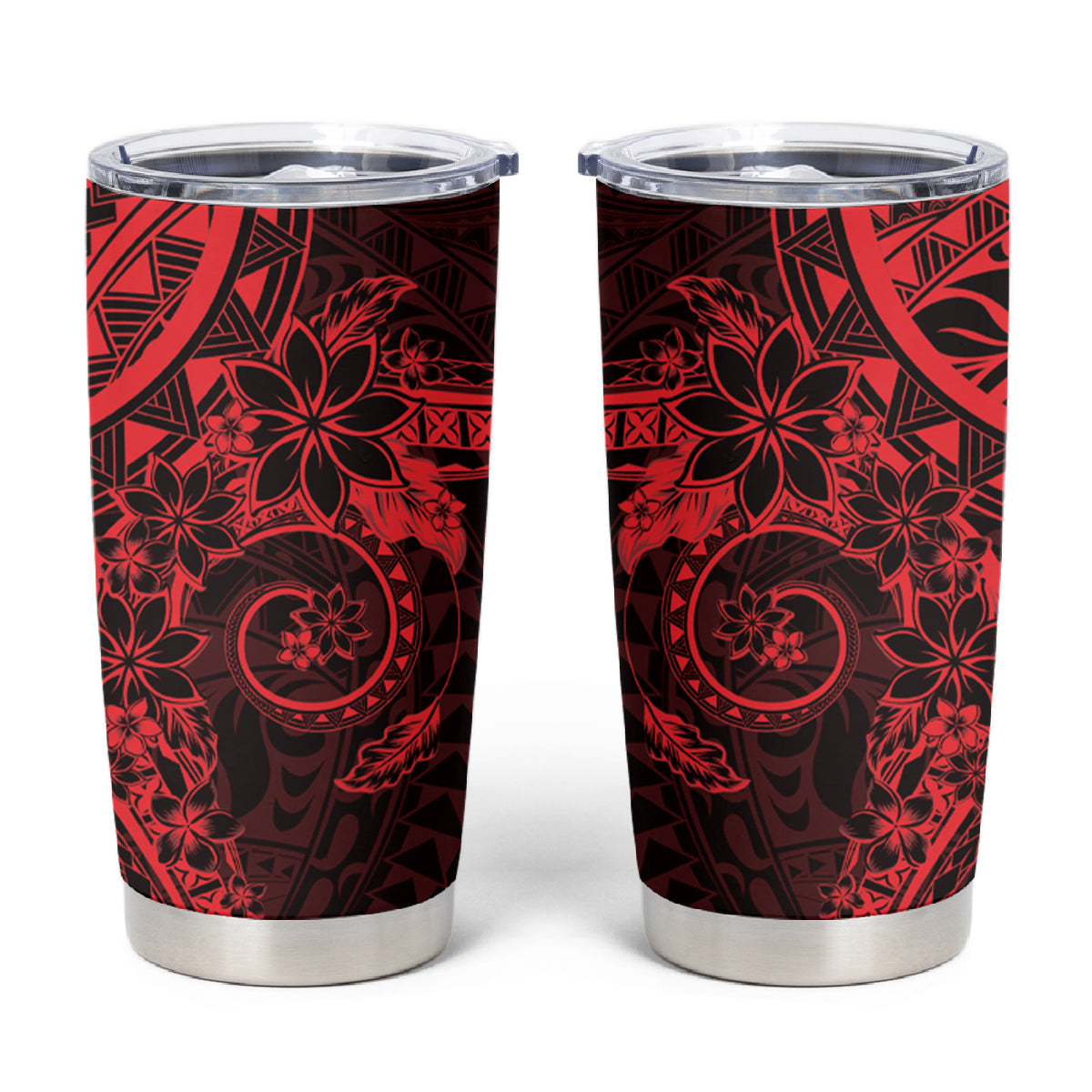 Red Polynesian Pattern With Plumeria Flowers Tumbler Cup